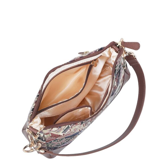 Women’s Geometric Pattern Tapestry Fabric Sling Shoulder Bag, Satchel Purse - Picture 5 of 8